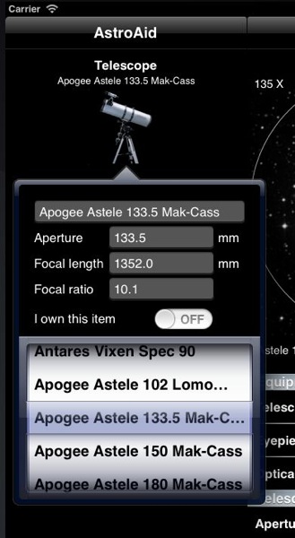 Choosing a telescope via a popover